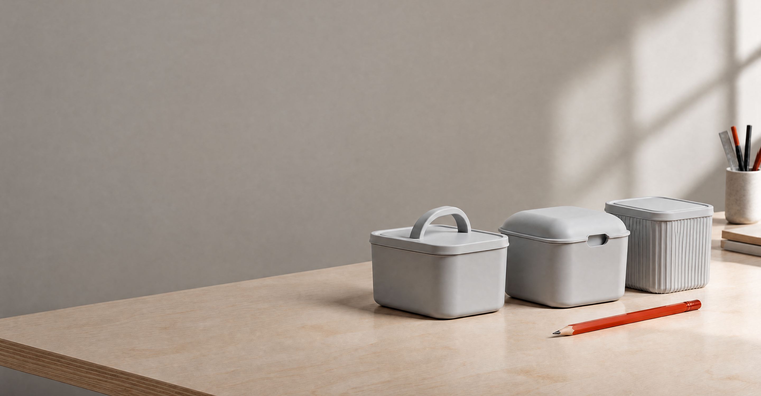 Three grey plastic storage boxes on a plywood bench, each a different design of the same product, with a vermilion pencil.