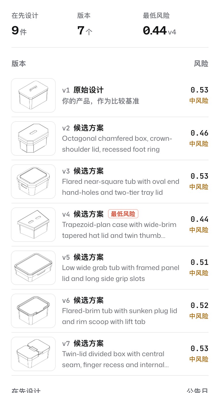 The case panel: nine prior-art designs, seven versions and a lowest risk of 0.44 for candidate v4.